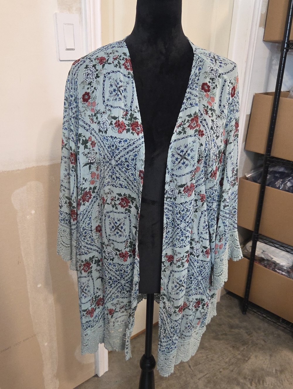 Mason & Belle Boho Light Blue Floral Open Kimono Lagenlook Laced Hem Woman's 2X